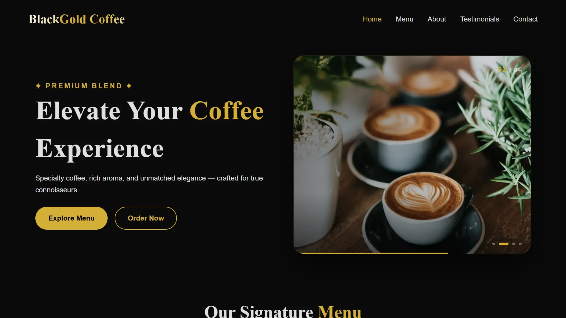 Landing page BlackGold Coffee - jasa pembuatan website coffee shop Klaten